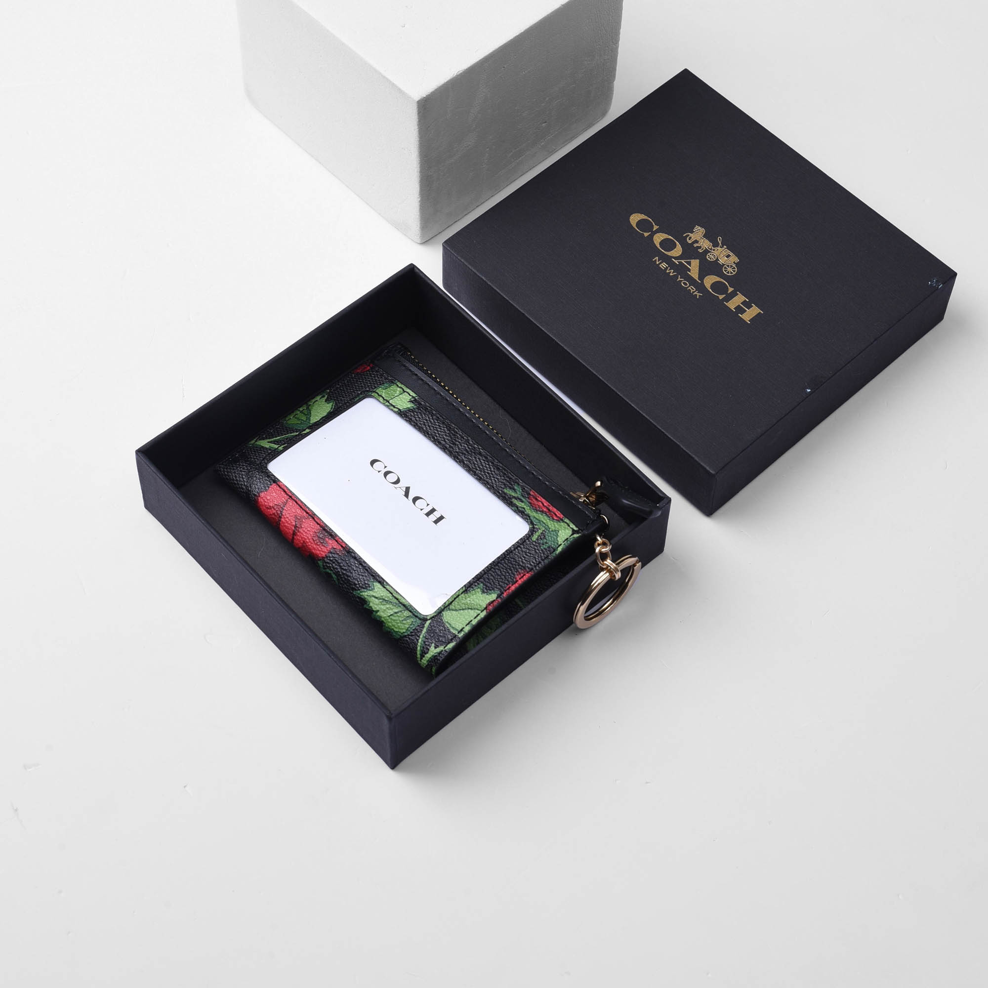 COACH ROSE CANVAS SKINNY ZIP ID CARD - BLACK
