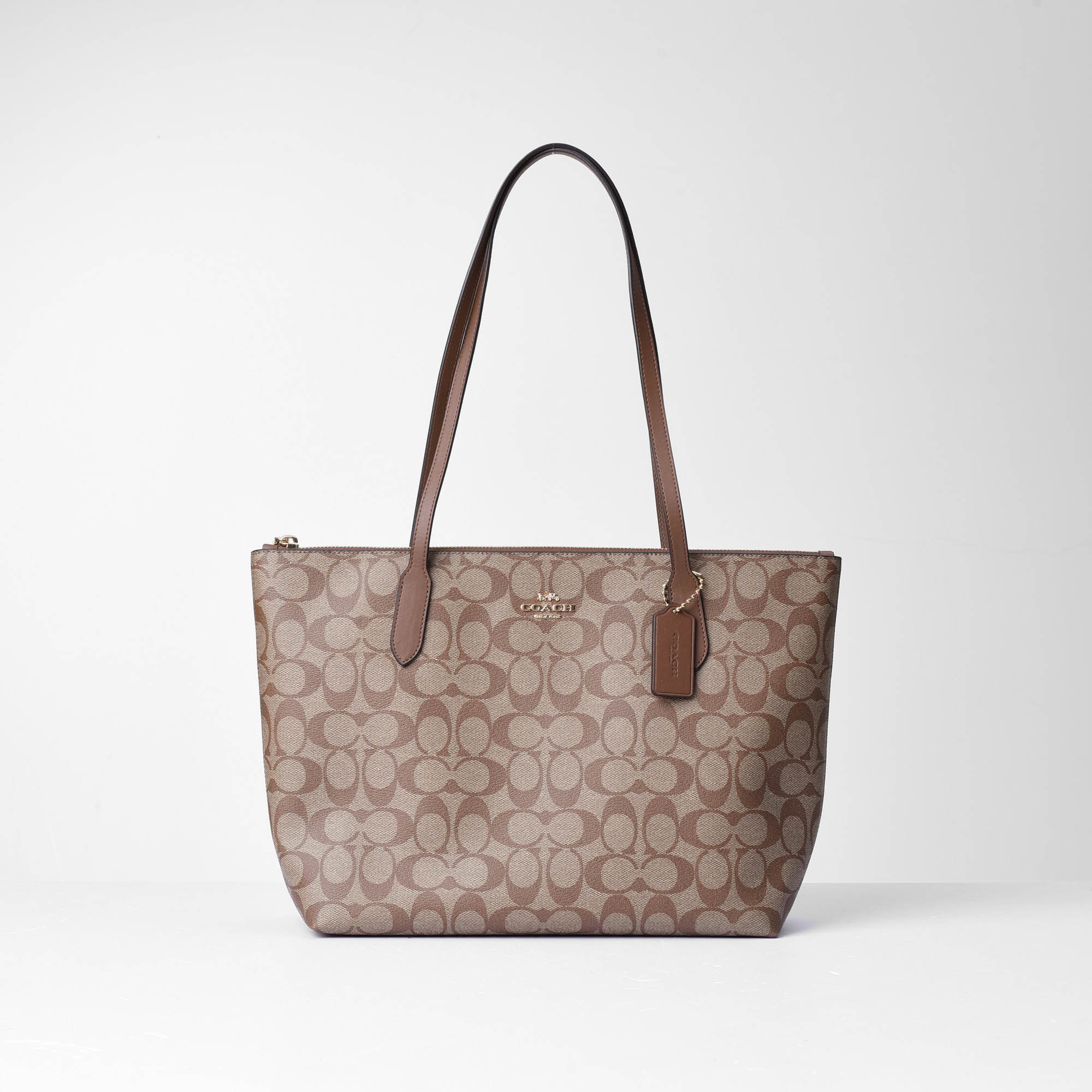 COACH SIGNATURE CANVAS ZIP TOTE BAG - BEIGE