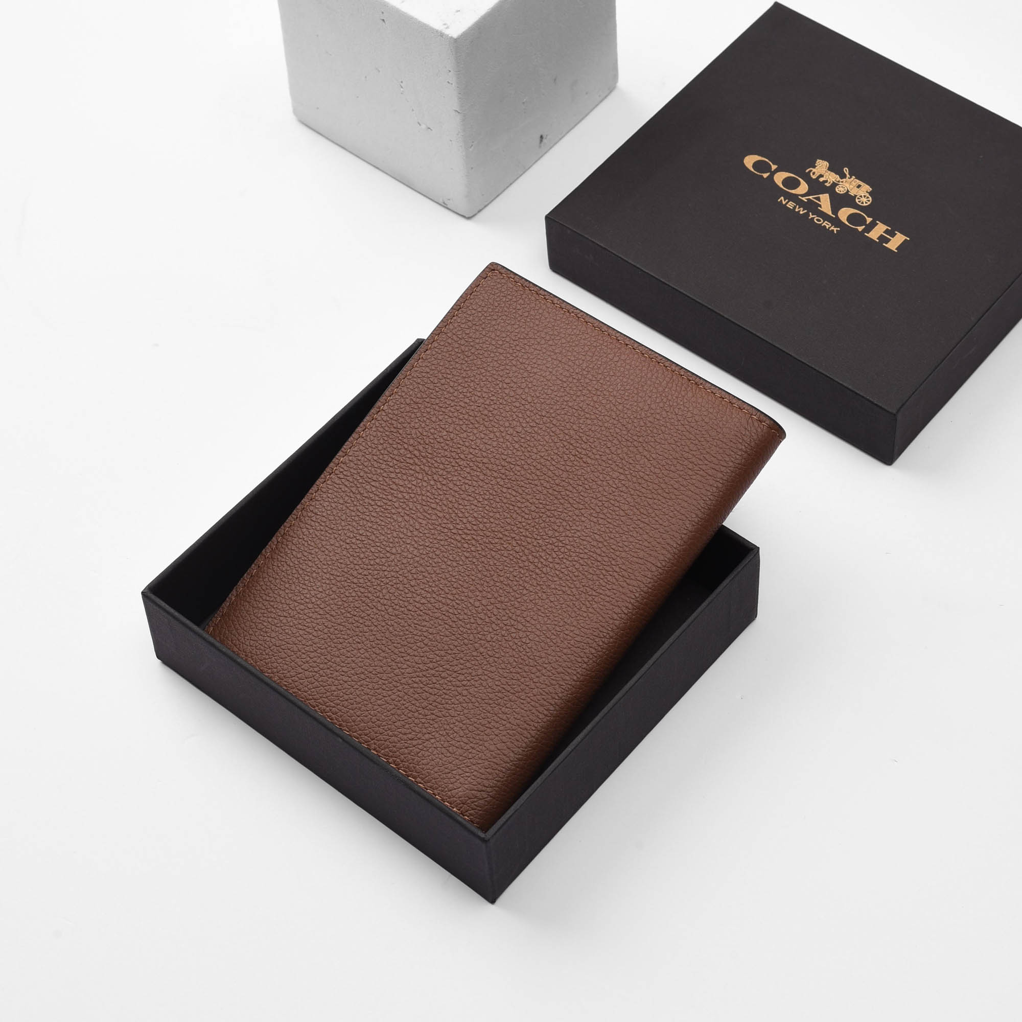 COACH CROSS LEATHER PASSPORT WALLET - BROWN