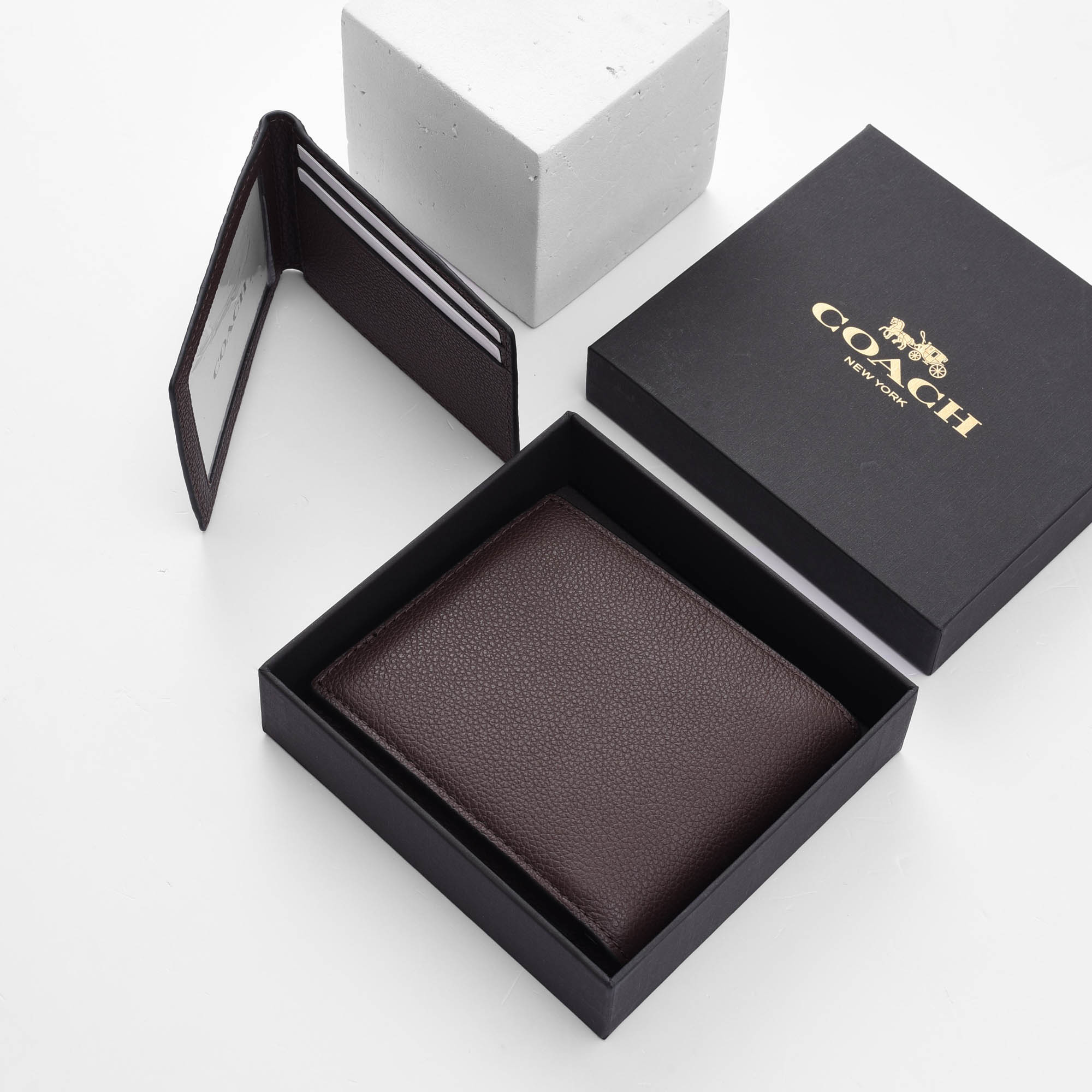 COACH CROSS LEATHER DOUBLE WALLET - DARK BROWN