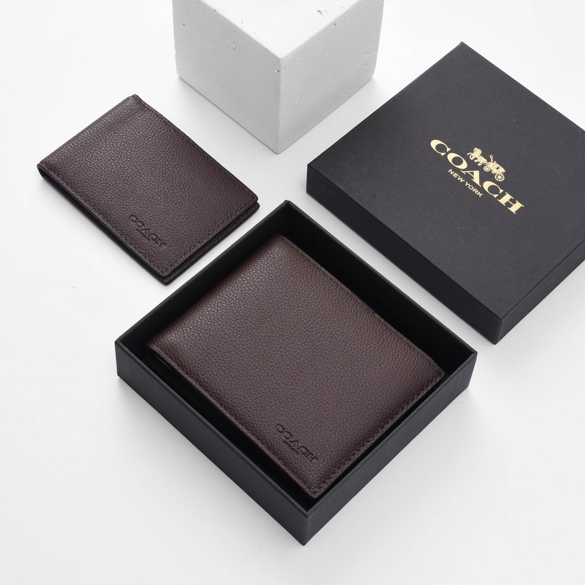 COACH CROSS LEATHER DOUBLE WALLET - DARK BROWN